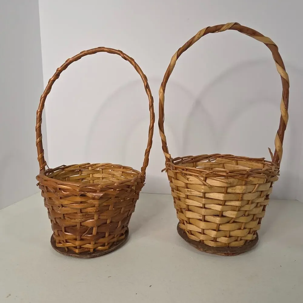 Pair of Vintage Rustic Wicker Baskets High Fixed Handles Country Decor